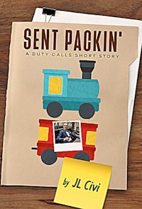 Ebook cover for Sent Packin’ by JL Civi featuring a folder, a train, a Polaroid photo and a post-it note.